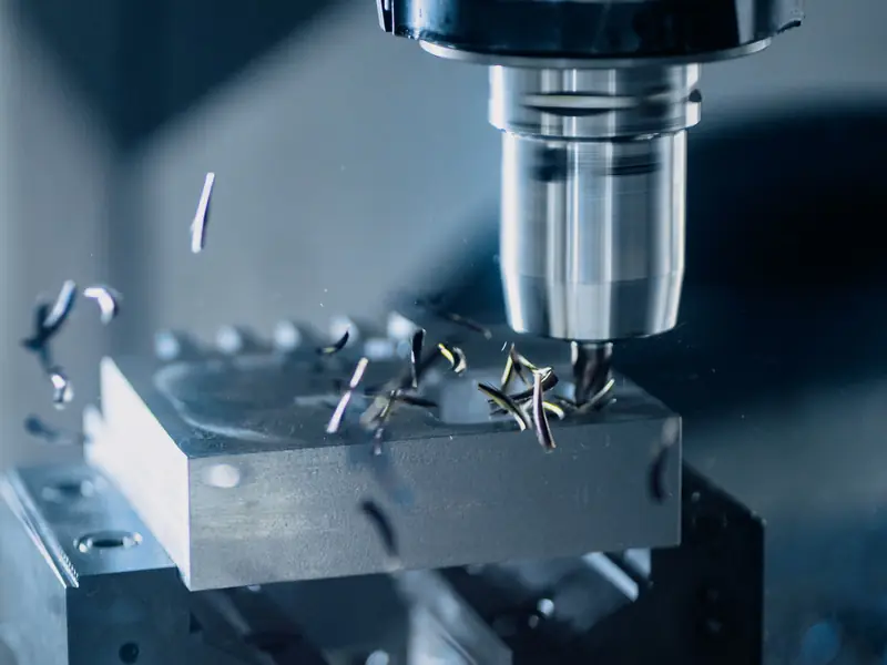 Close-up of a milling cutter machining a block of metal