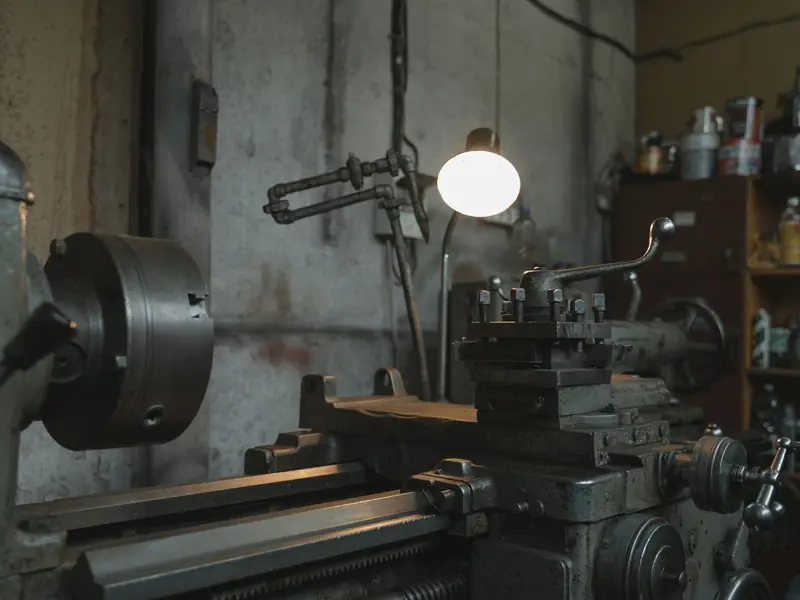A metal lathe in a workshop with a chuck and tools on the bench